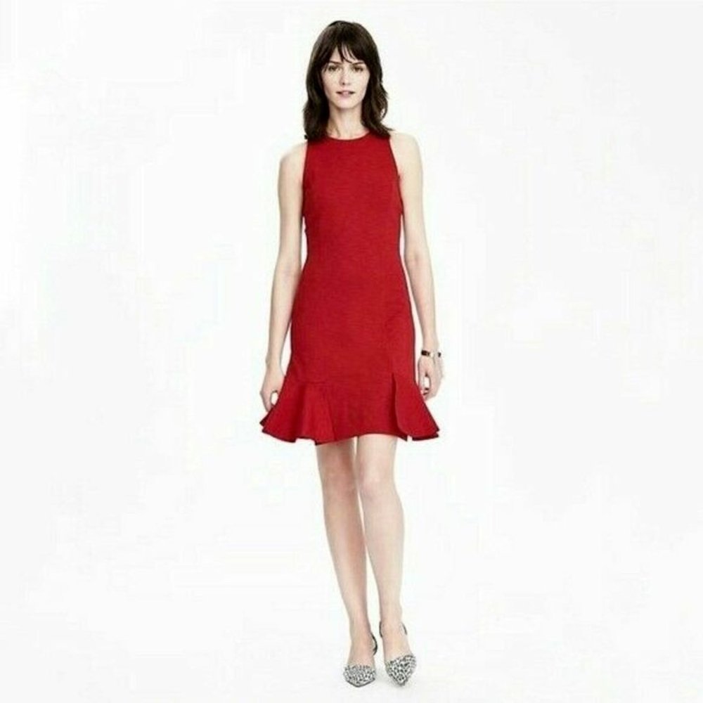 BANANA REPUBLIC Red Sleeveless Ponte Knit Dress Ruffle Hem 4